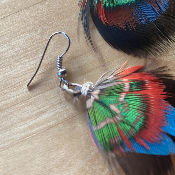 Feather Earrings Handmade by Indigenous Women Amazon Rainforest, Ecuador - Picture 3 of 4